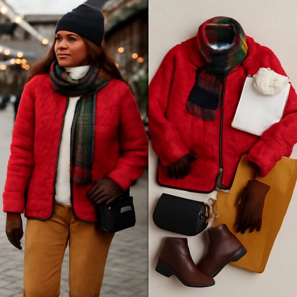 Vintage Red Quilted Jacket – Fall/Holiday Chic - Picture 3 of 8